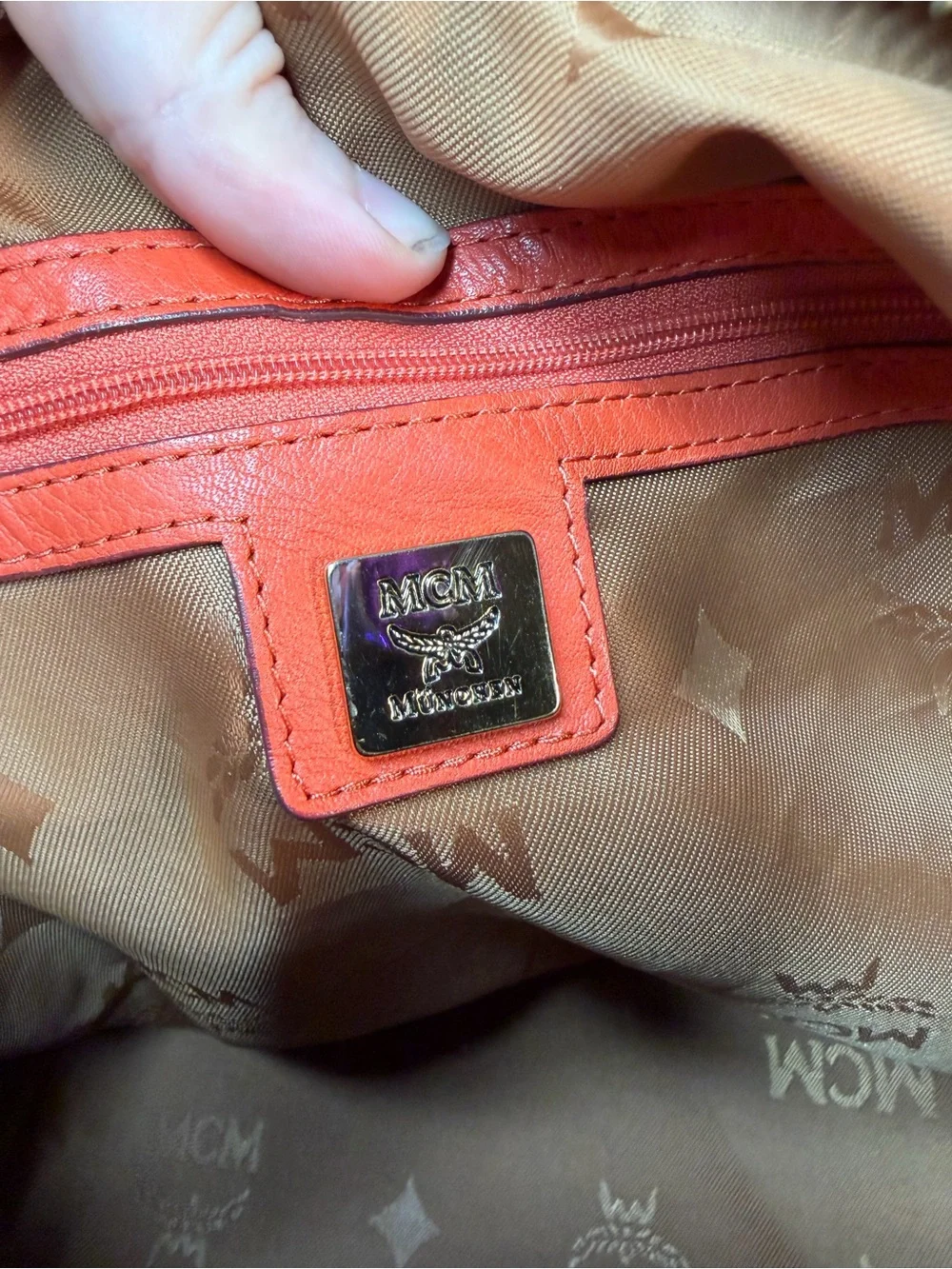 MCM Visetos Cognac Boston Hobo Bowling Bag with Coral Trim and Lock and keys